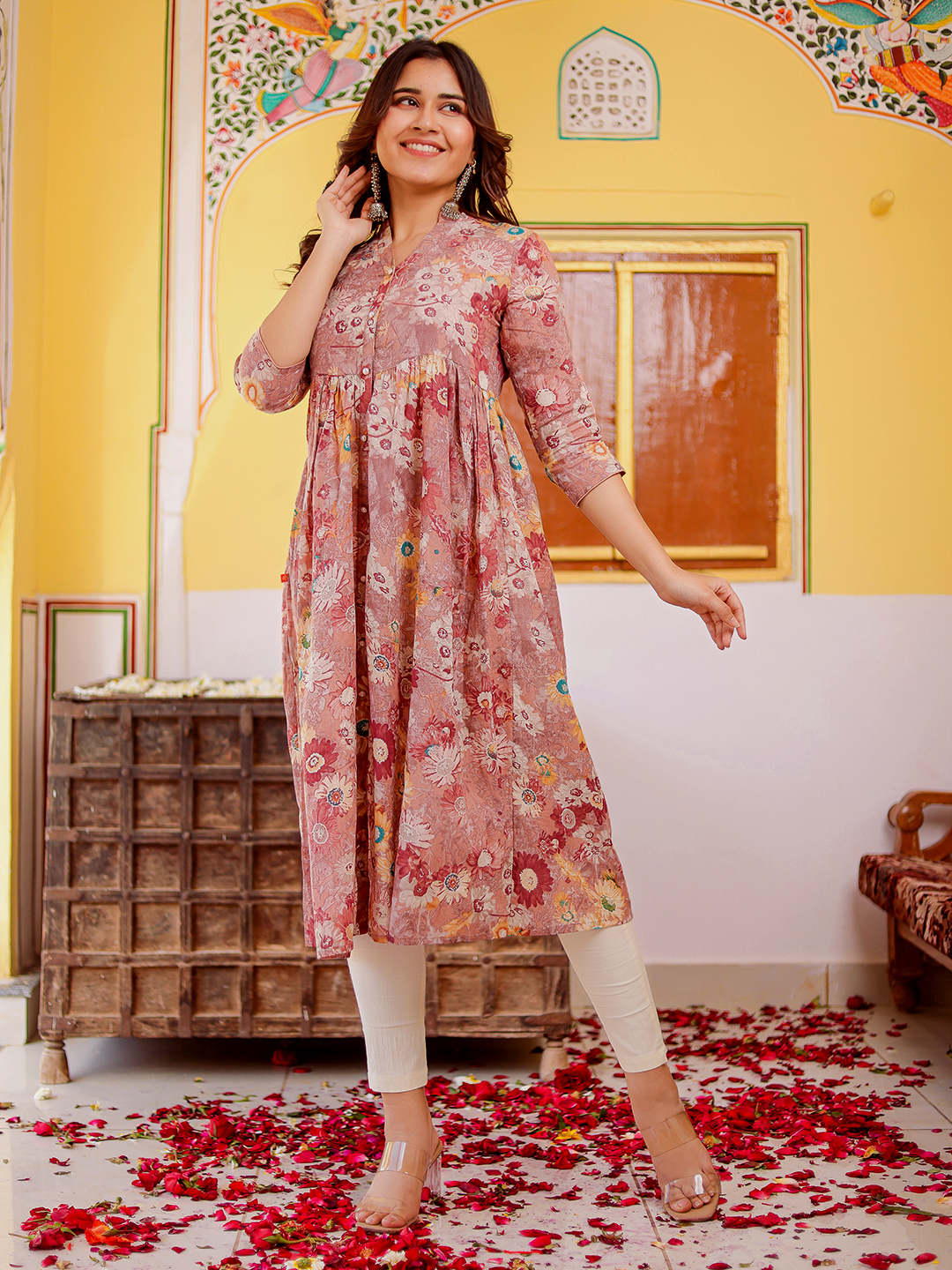 Women's  Muslin Floral Printed A-Line Ethnic Dress Hover