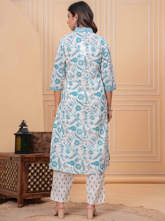 Floral Printed Pure Cotton V-Neck Straight Kurta With Trousers & Dupatta Hover