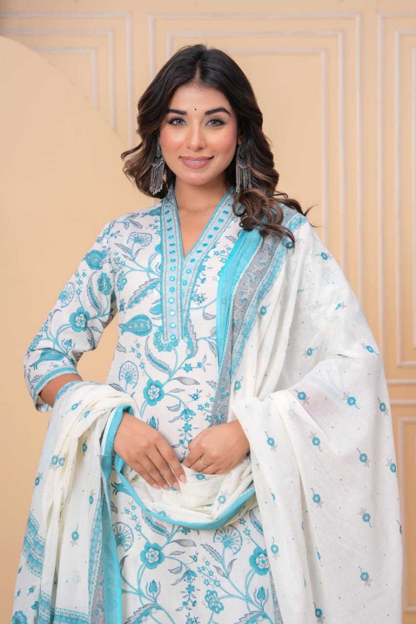 Floral Printed Pure Cotton V-Neck Straight Kurta With Trousers & Dupatta