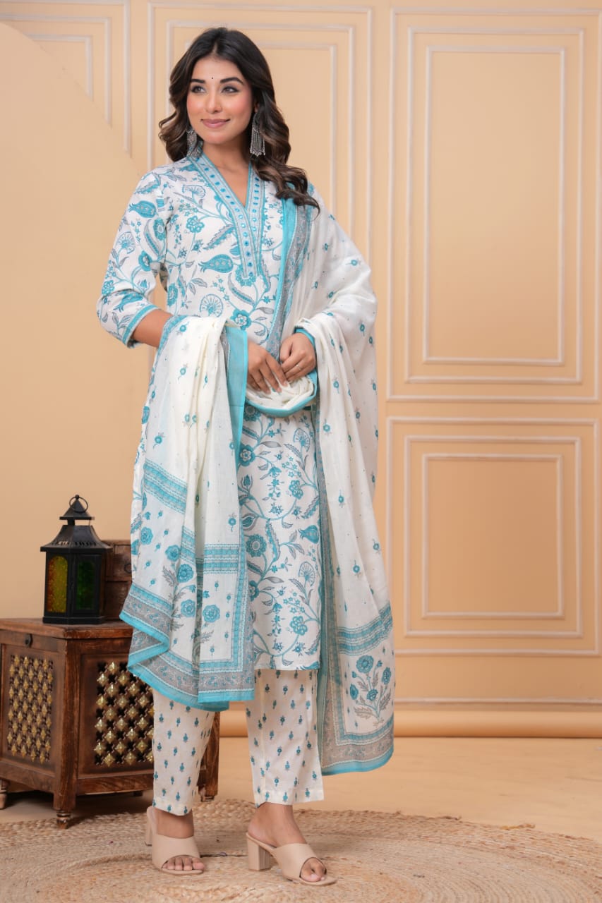 Floral Printed Pure Cotton V-Neck Straight Kurta With Trousers & Dupatta