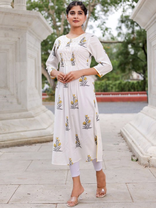 Floral Printed Round Neck Thread Work Cotton Pleated A-Line Kurta