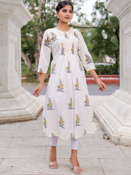Floral Printed Round Neck Thread Work Cotton Pleated A-Line Kurta