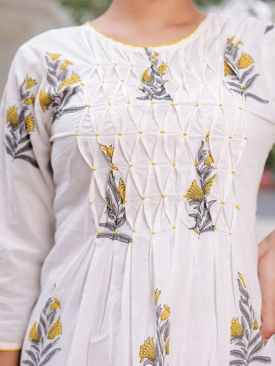 Floral Printed Round Neck Thread Work Cotton Pleated A-Line Kurta