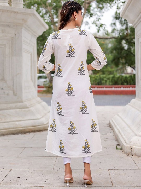 Floral Printed Round Neck Thread Work Cotton Pleated A-Line Kurta