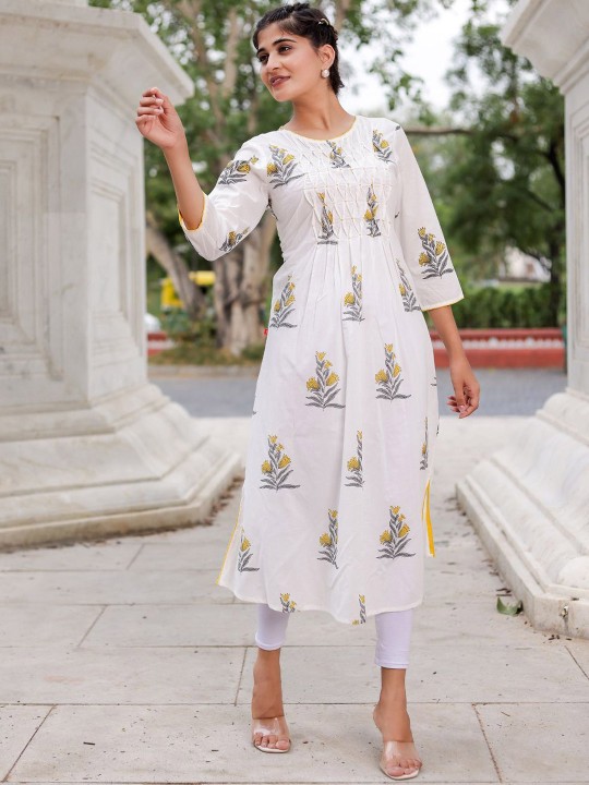 Floral Printed Round Neck Thread Work Cotton Pleated A-Line Kurta