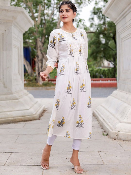 Floral Printed Round Neck Thread Work Cotton Pleated A-Line Kurta