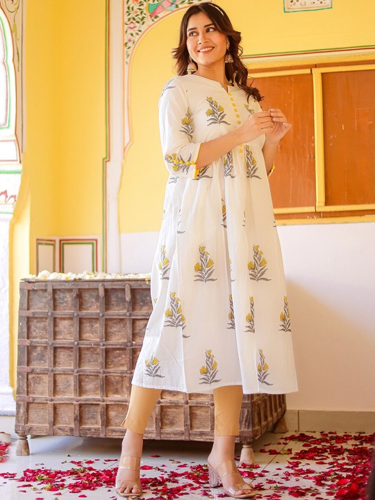 Floral Printed Notch Neck Cotton A Line Kurta