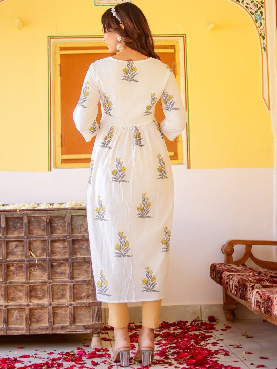 Floral Printed Notch Neck Cotton A Line Kurta