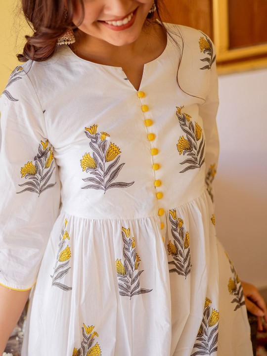Floral Printed Notch Neck Cotton A Line Kurta
