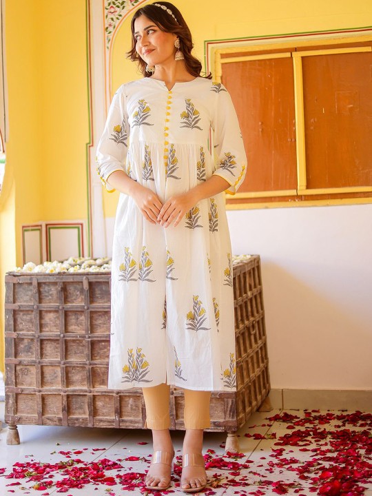 Floral Printed Notch Neck Cotton A Line Kurta