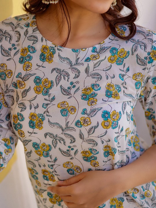 Floral Printed Cotton Straight Kurta, White