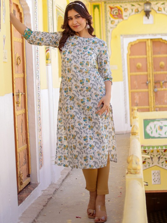 Floral Printed Cotton Straight Kurta, White