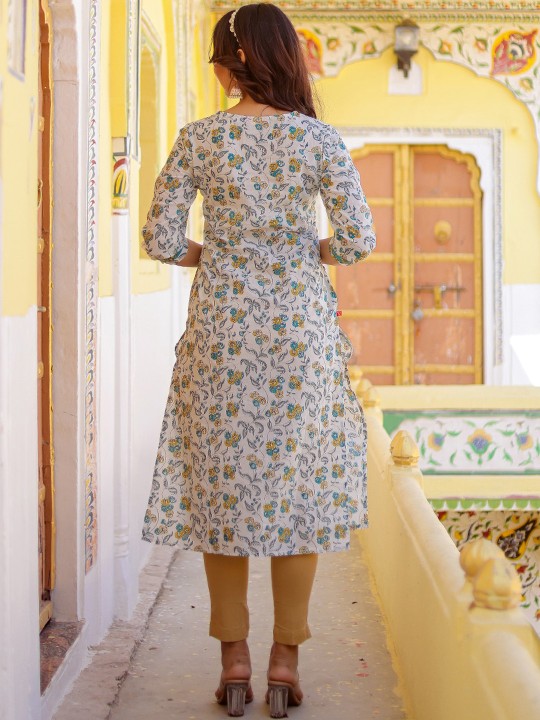 Floral Printed Cotton Straight Kurta, White