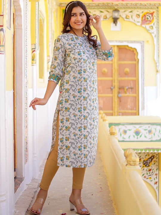 Floral Printed Cotton Straight Kurta, White