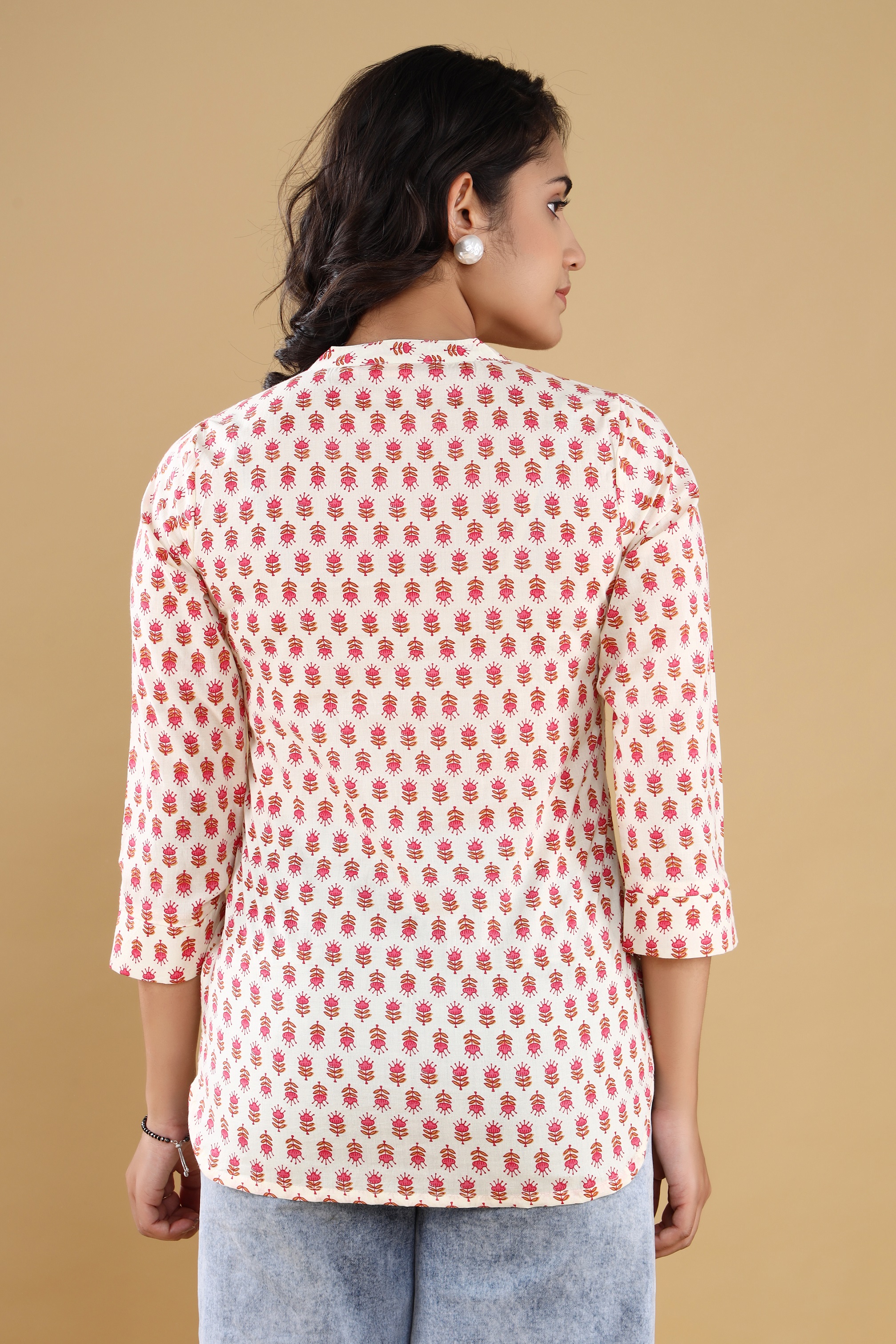 Cotton Printed Mandarin Collar Short Top