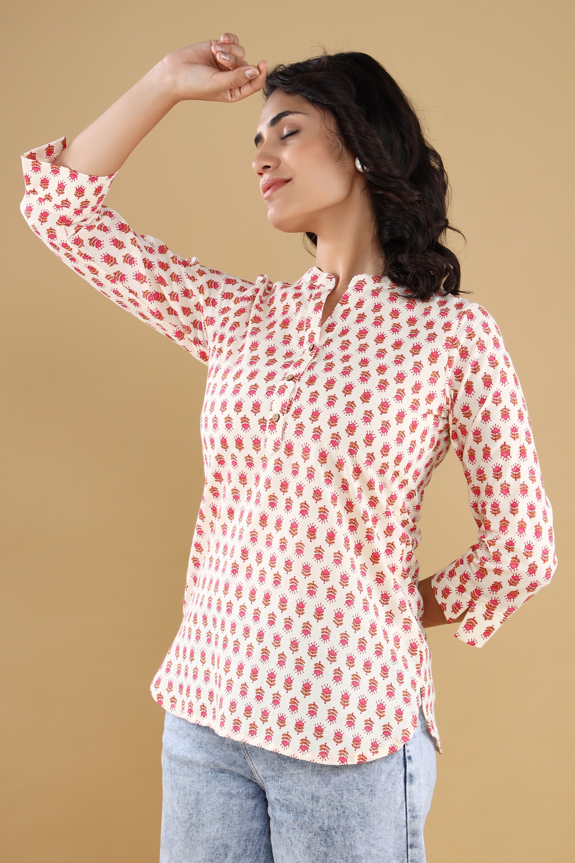 Cotton Printed Mandarin Collar Short Top