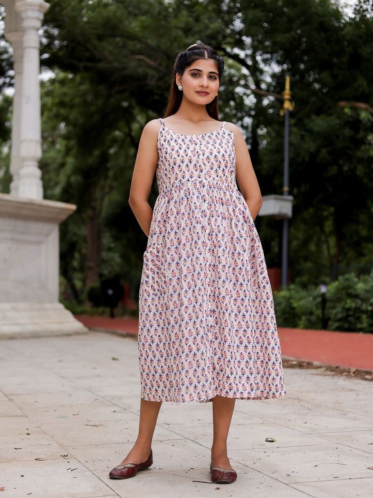 Cotton Ethnic Motifs Print Fit and Flare Midi Dress