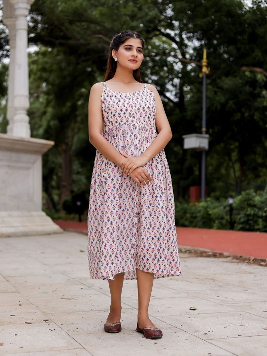 Cotton Ethnic Motifs Print Fit and Flare Midi Dress Hover