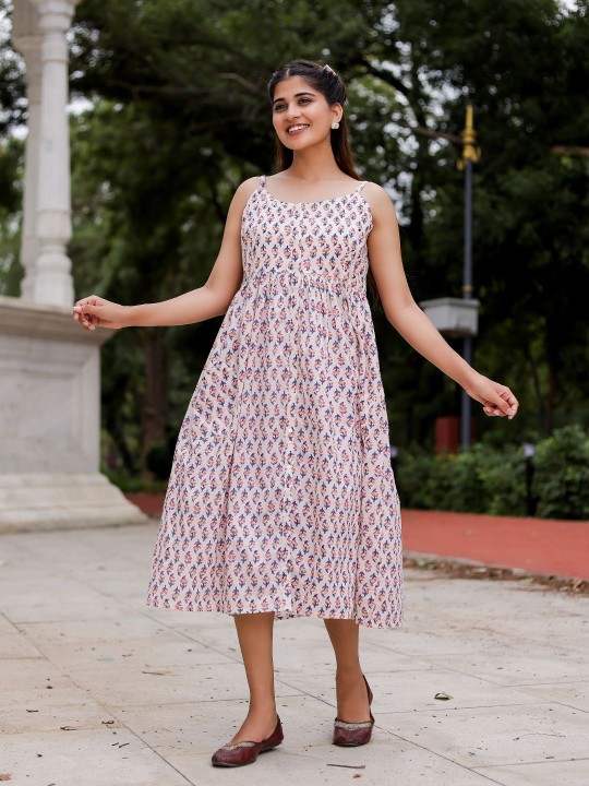 Cotton Ethnic Motifs Print Fit and Flare Midi Dress