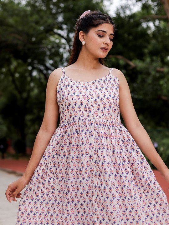 Cotton Ethnic Motifs Print Fit and Flare Midi Dress