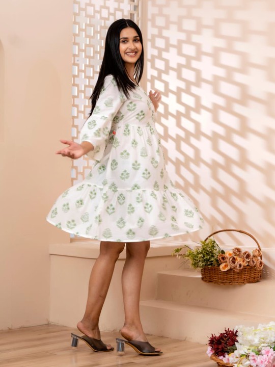 Floral Printed V-Neck Bell Sleeves Tiered Detail Cotton Fit and Flare Dress Hover