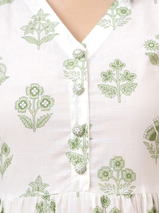 Floral Printed V-Neck Bell Sleeves Tiered Detail Cotton Fit and Flare Dress