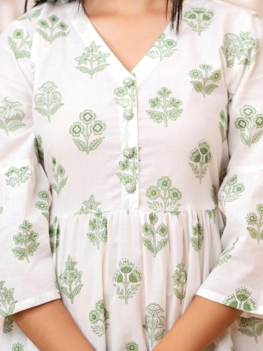 Floral Printed V-Neck Bell Sleeves Tiered Detail Cotton Fit and Flare Dress