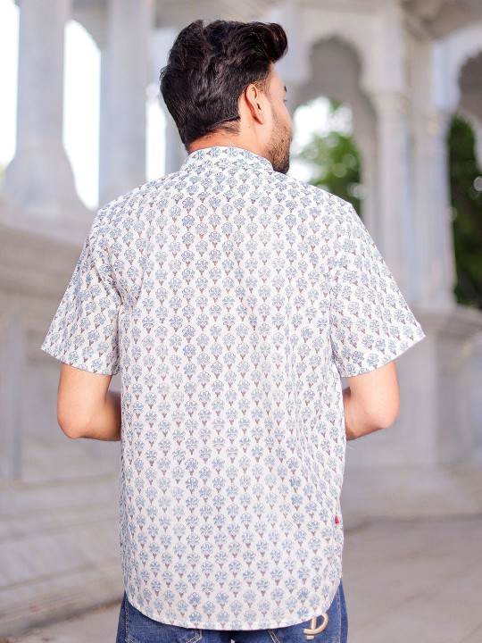 Men Classic Spread Collar Floral Printed Cotton Slim Fit Casual Shirt Hover
