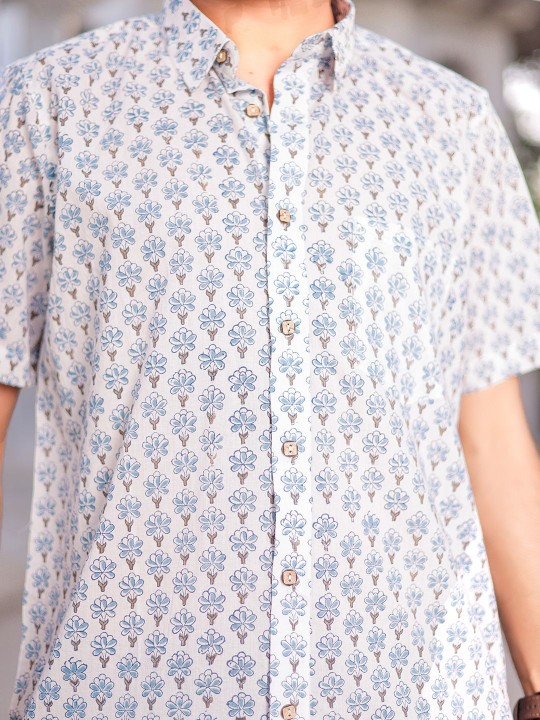 Men Classic Spread Collar Floral Printed Cotton Slim Fit Casual Shirt