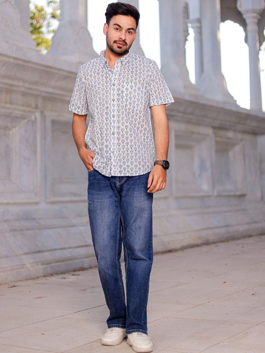 Men Classic Spread Collar Floral Printed Cotton Slim Fit Casual Shirt