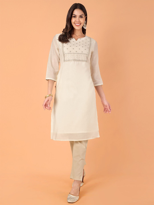 Floral Yoke Design Notch Neck Zari Chanderi Cotton Straight Kurta