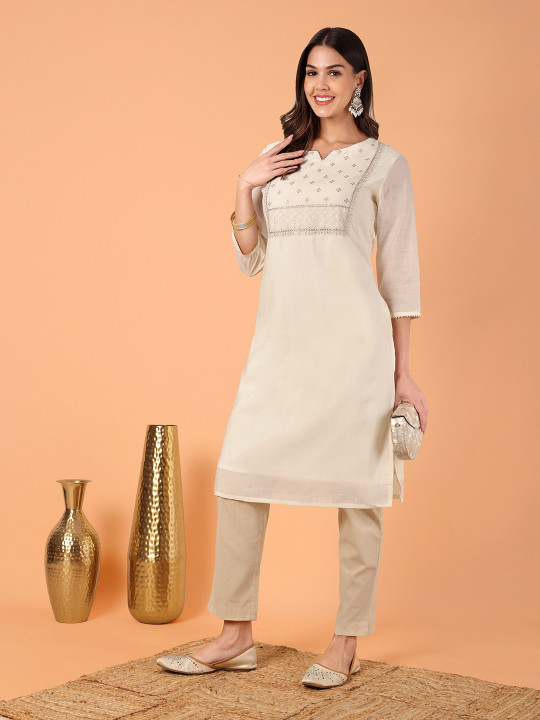 Floral Yoke Design Notch Neck Zari Chanderi Cotton Straight Kurta