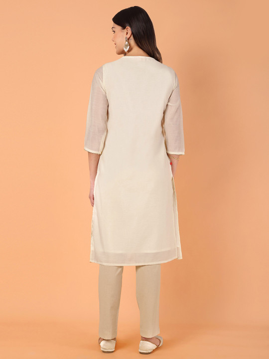 Floral Yoke Design Notch Neck Zari Chanderi Cotton Straight Kurta