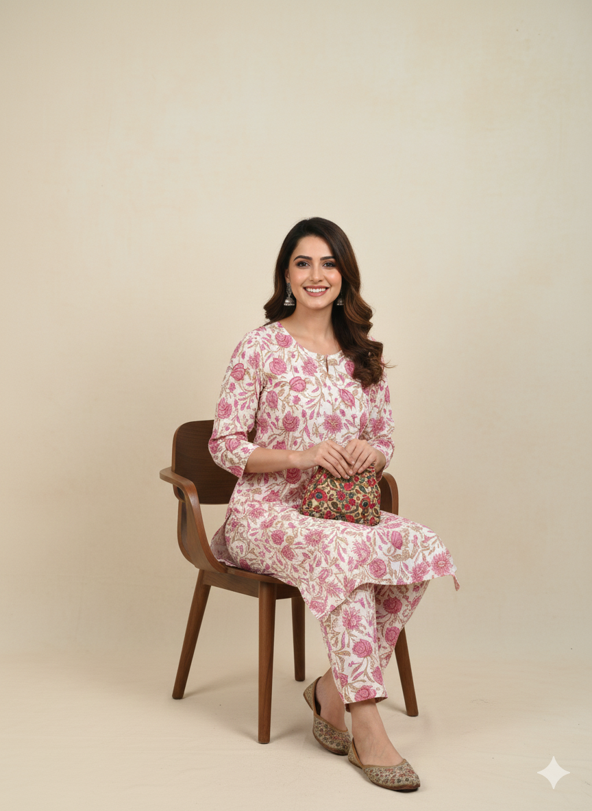 Women's Printed Cotton Round Neck Straight Kurta