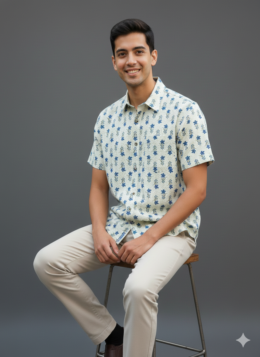 Men Classic Spread Collar Printed Cotton Slim Fit Casual Shirt