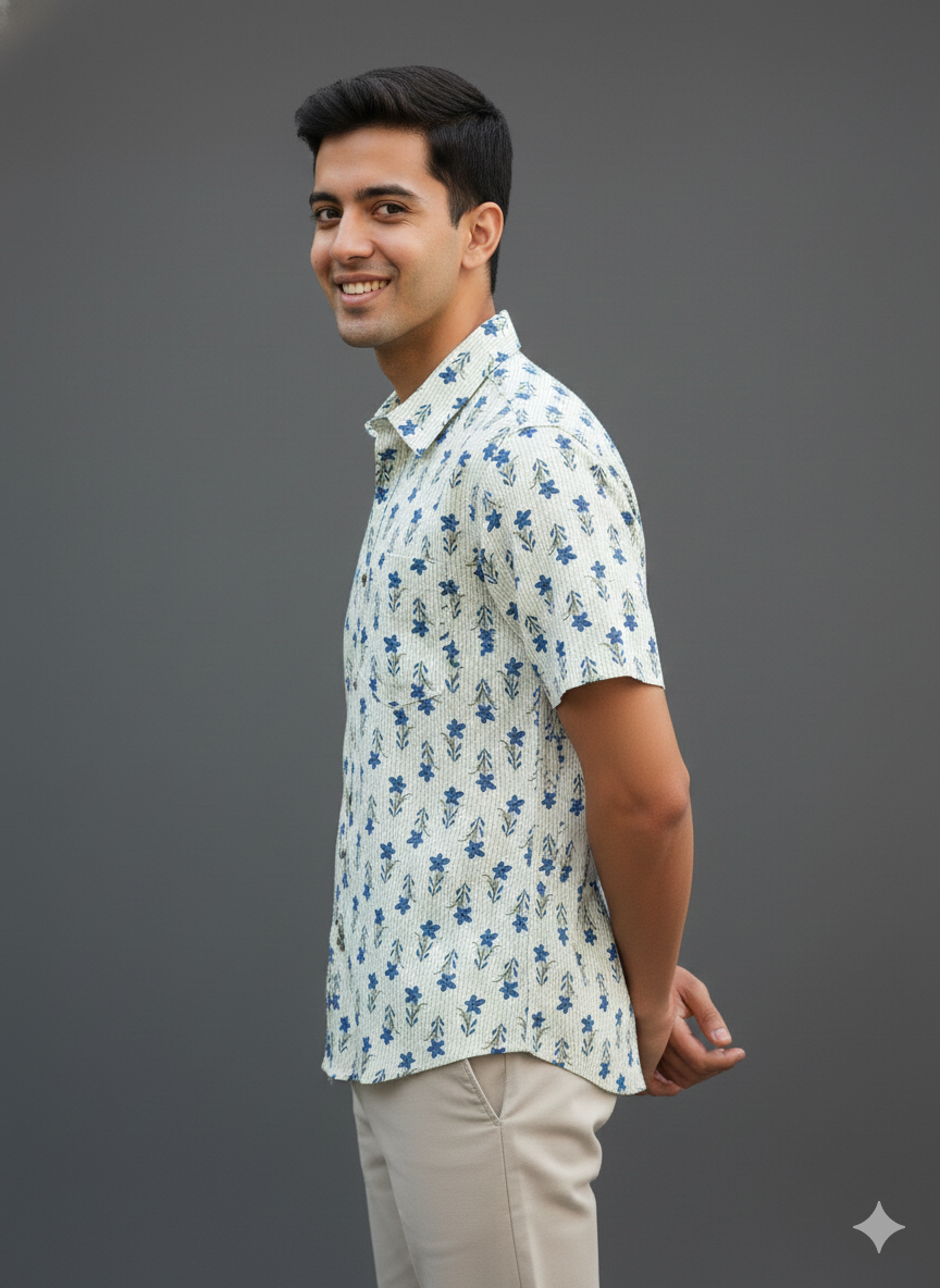 Men Classic Spread Collar Printed Cotton Slim Fit Casual Shirt Hover