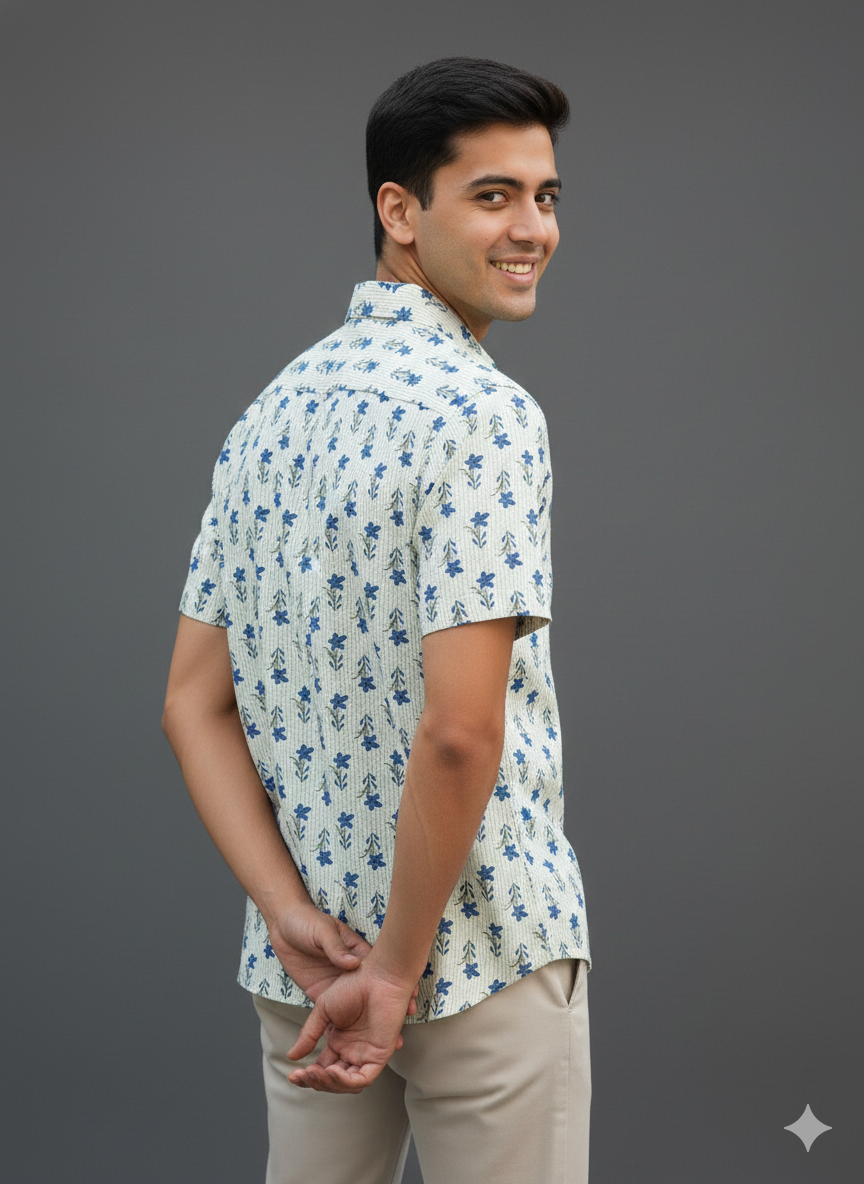 Men Classic Spread Collar Printed Cotton Slim Fit Casual Shirt