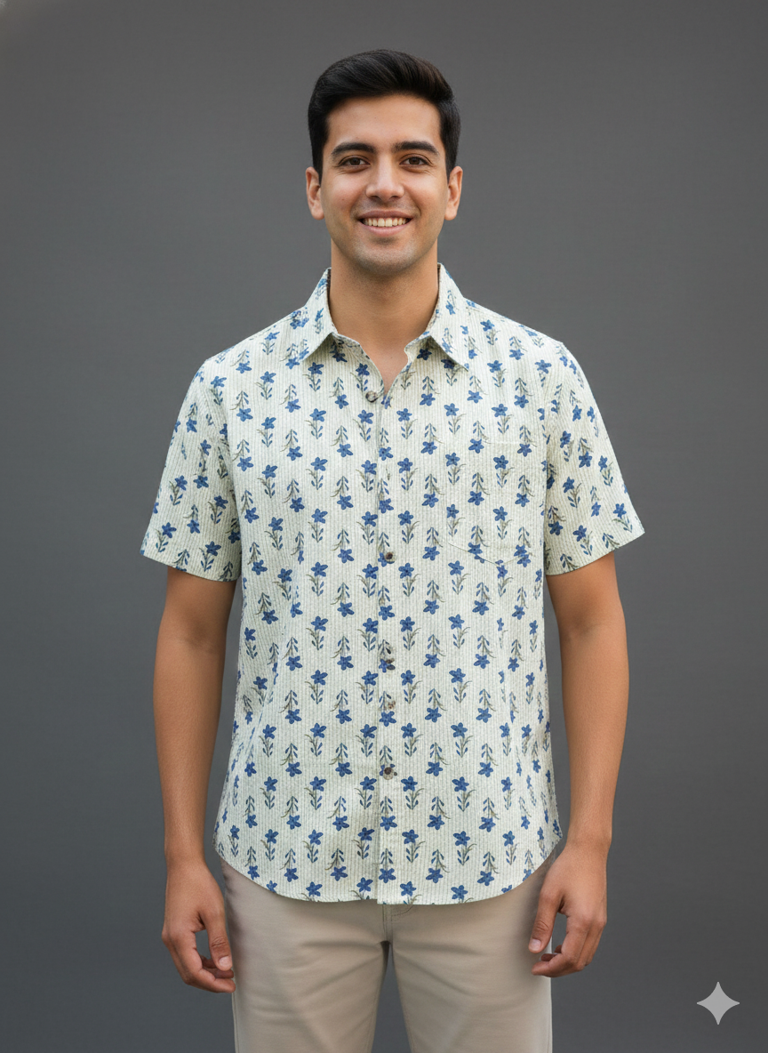 Men Classic Spread Collar Printed Cotton Slim Fit Casual Shirt