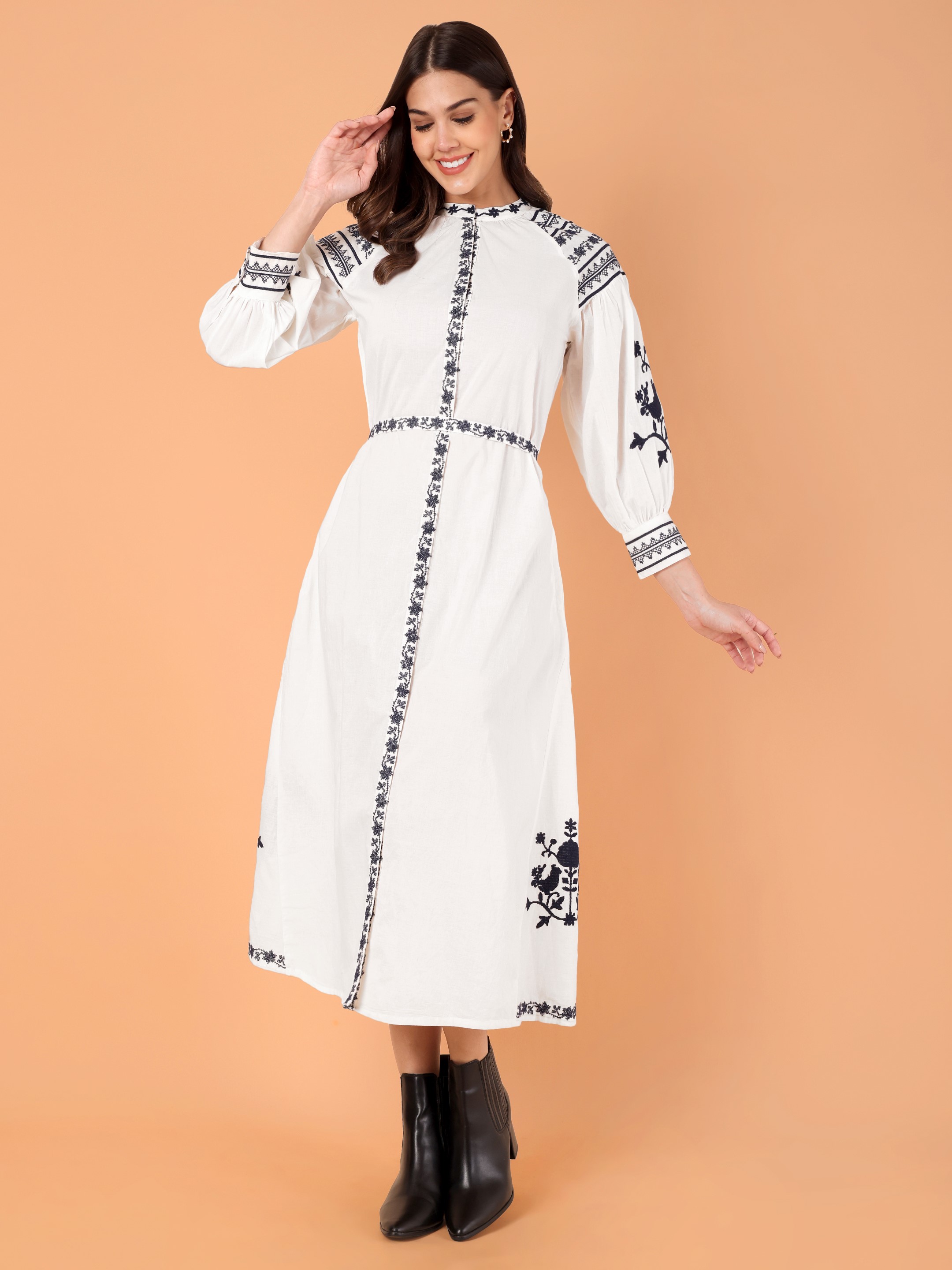 Women's Floral Embroidered Puff Sleeve A-Line Midi Dress
