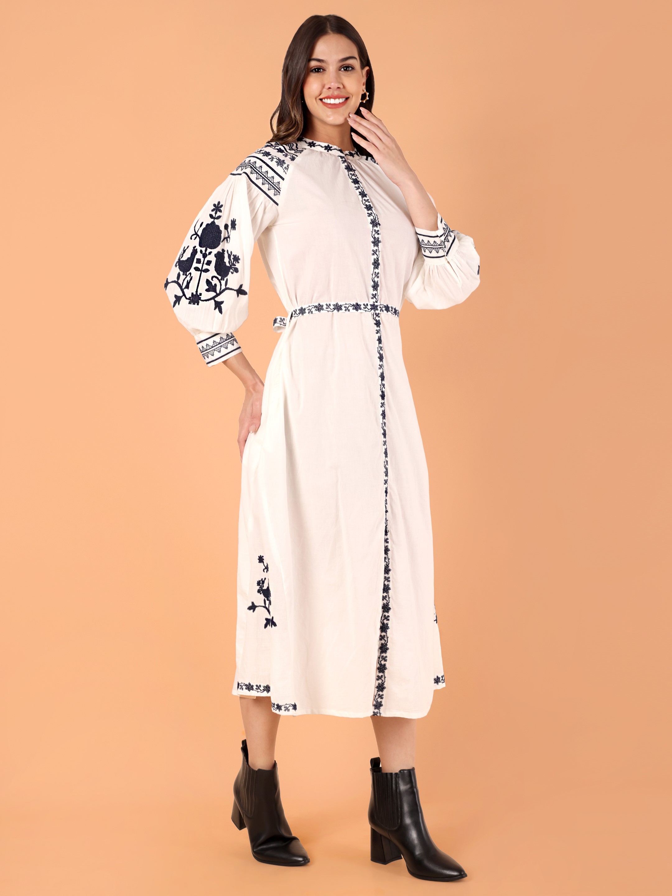 Women's Floral Embroidered Puff Sleeve A-Line Midi Dress
