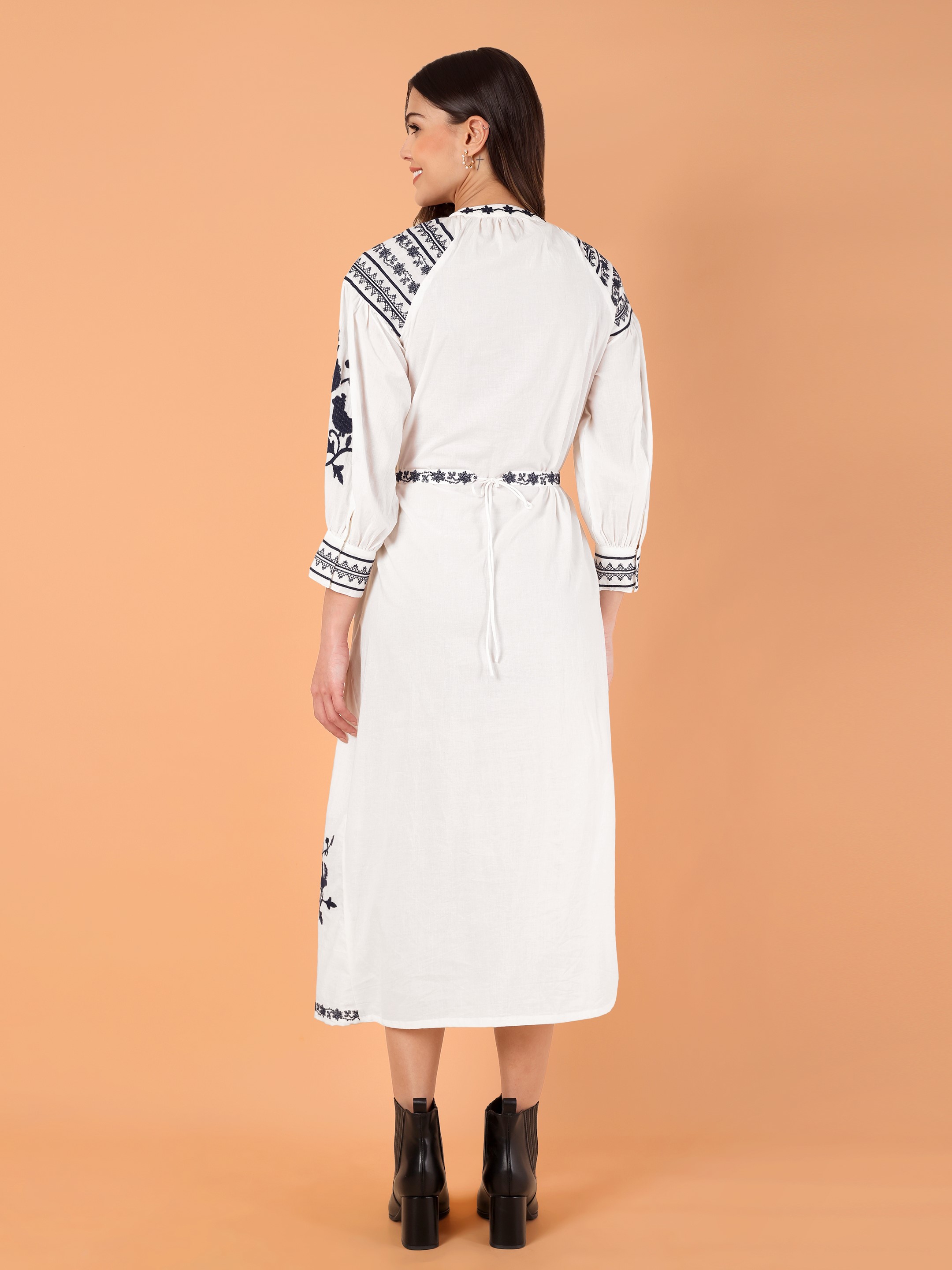 Women's Floral Embroidered Puff Sleeve A-Line Midi Dress