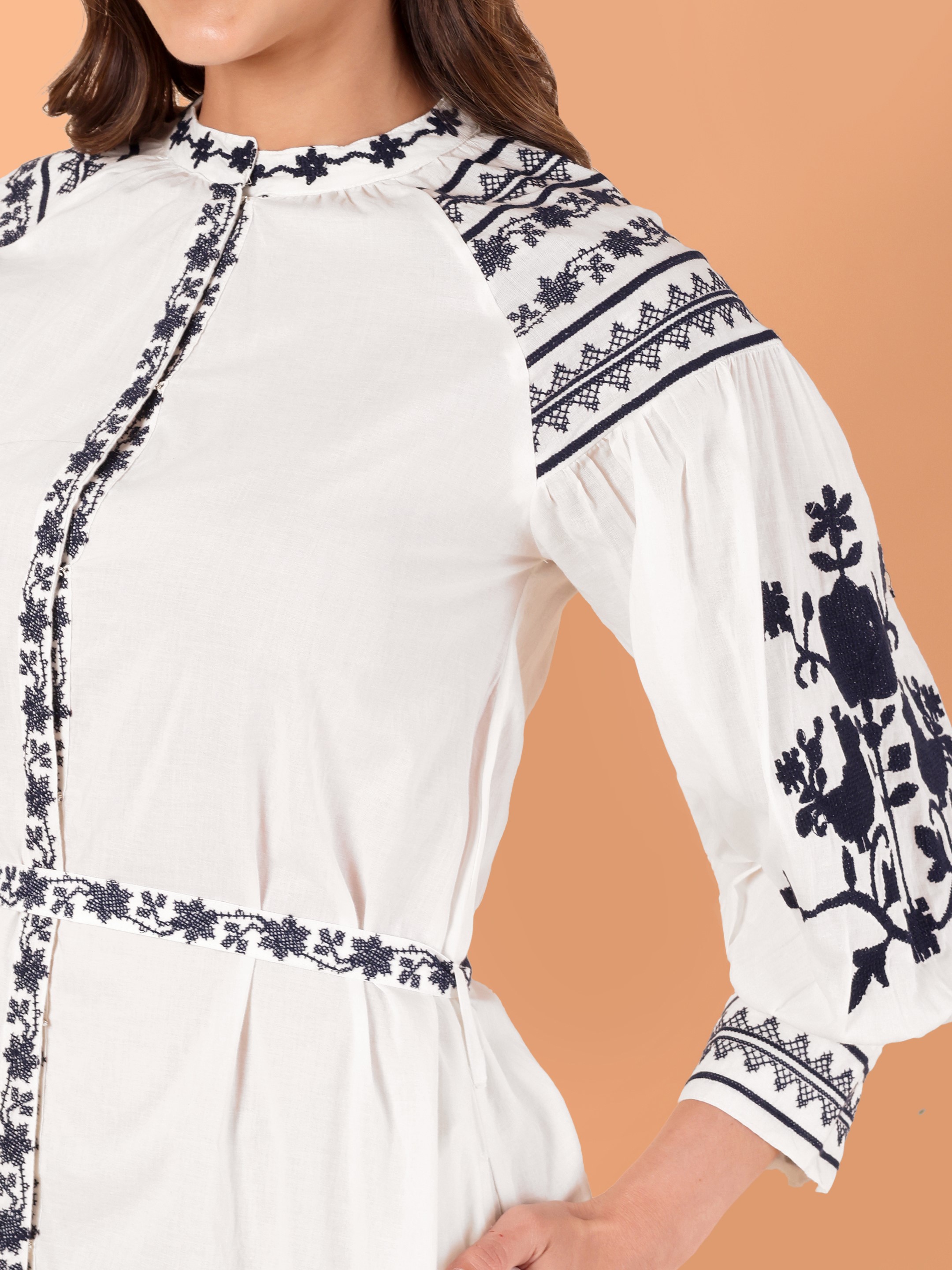 Women's Floral Embroidered Puff Sleeve A-Line Midi Dress