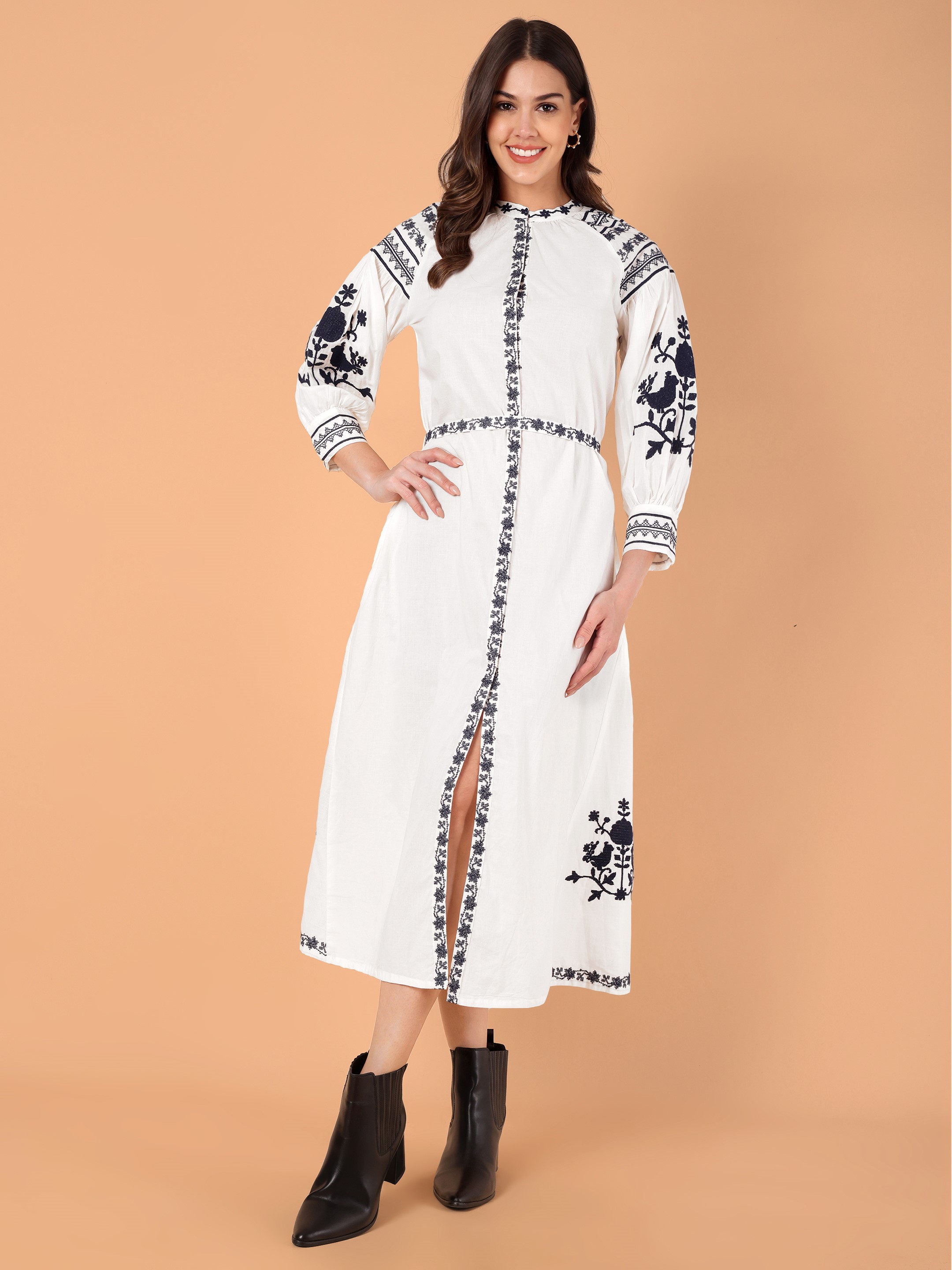 Women's Floral Embroidered Puff Sleeve A-Line Midi Dress