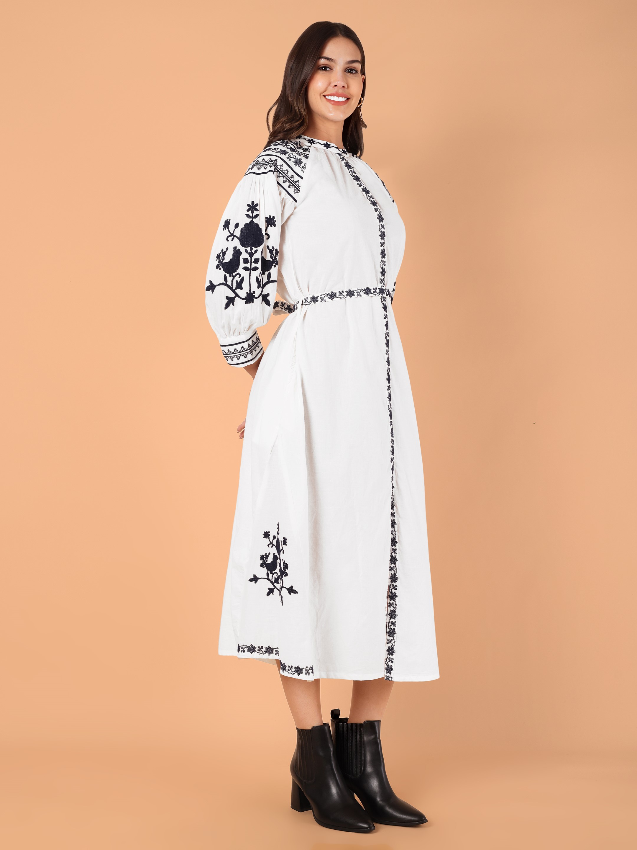 Women's Floral Embroidered Puff Sleeve A-Line Midi Dress