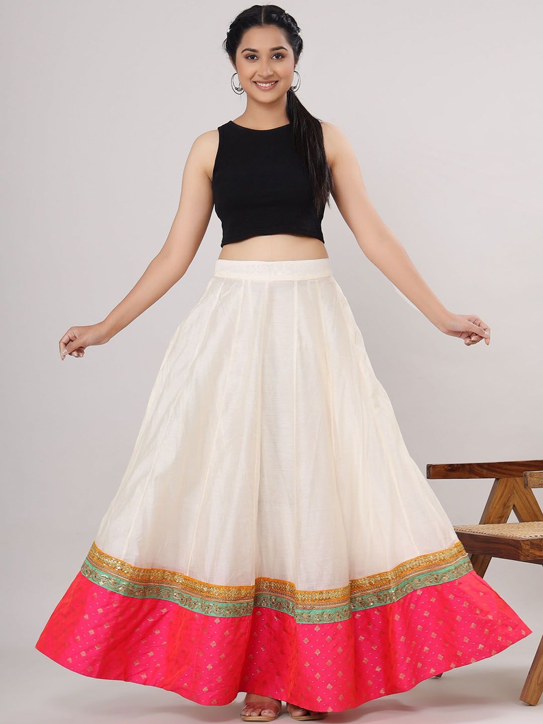 Women Ethnic Solid Embellished Flared Maxi Skirts