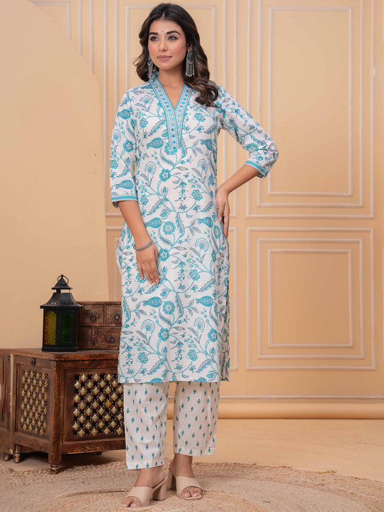 Floral Printed Pure Cotton V-Neck Straight Kurta With Trousers & Dupatta