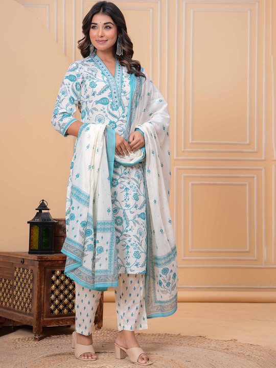 Floral Printed Pure Cotton V-Neck Straight Kurta With Trousers & Dupatta