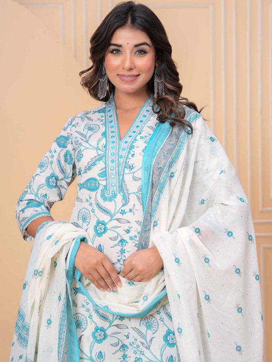 Floral Printed Pure Cotton V-Neck Straight Kurta With Trousers & Dupatta