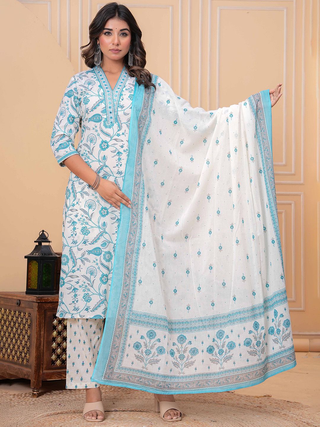 Floral Printed Pure Cotton V-Neck Straight Kurta With Trousers & Dupatta