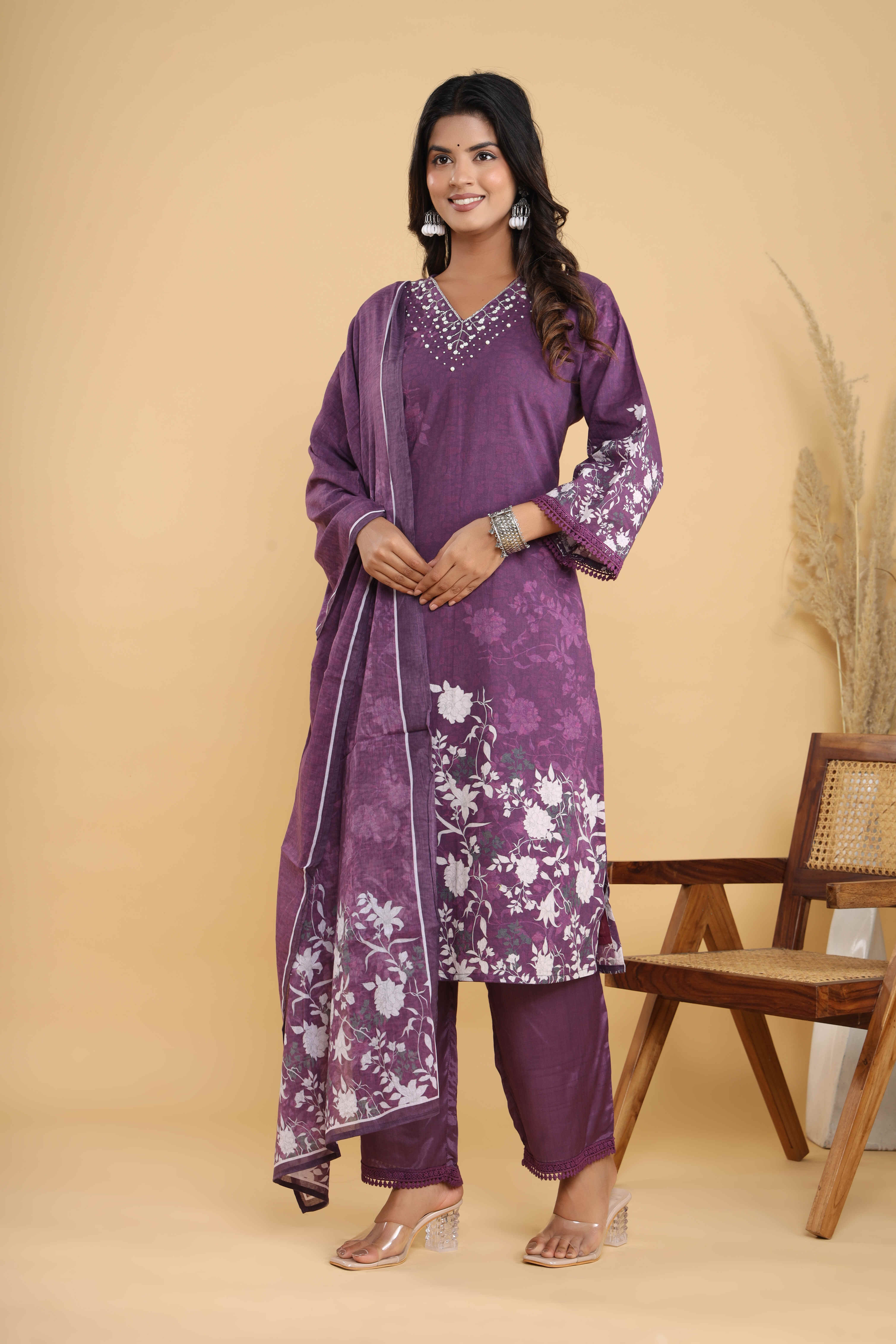 Pure Cotton Floral Printed Adda Work Straight Kurta, Trouser With Dupatta